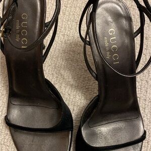 Gorgeous, sexy, strappy, classic black satin Gucci heels.